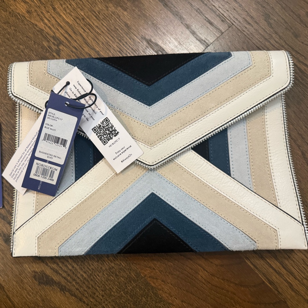 Rebecca Minkoff NWT Envelope Chevron Clutch Blue, Cream & Black